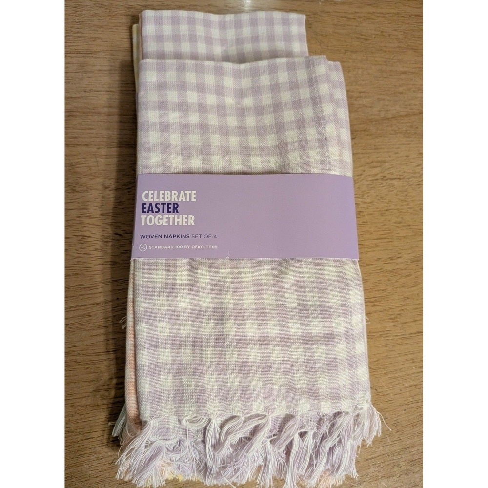 Celebrate Easter Together Pastel Gingham Cotton Napkins Set of 4 Fringed‎ 19x19